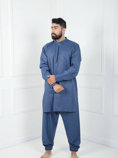 qamis traditionnel moderne col mao zippé