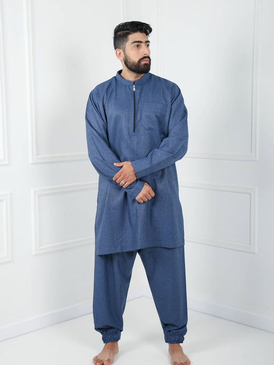 qamis traditionnel moderne col mao zippé